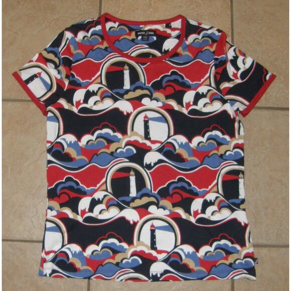 NAUTICA Multicolored Lighthouse Print Sz Large Cotton Blend Tee Shirt NEW NWOT - Picture 4 of 5